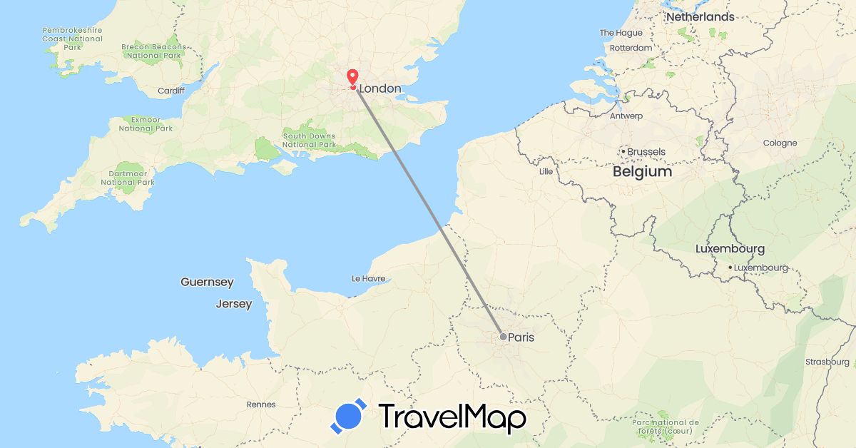 TravelMap itinerary: driving, plane, hiking in France, United Kingdom (Europe)